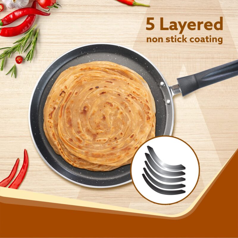 AGARO Elegant Non Stick Tawa, 28 cm Diameter, Induction and Gas Oven Friendly, Riveted Cool Touch Handle, Granite Finish, PFOA Free, 4 mm Thick, Dosa, Idli, Roti, Cooking, cookware, Black - Image 5