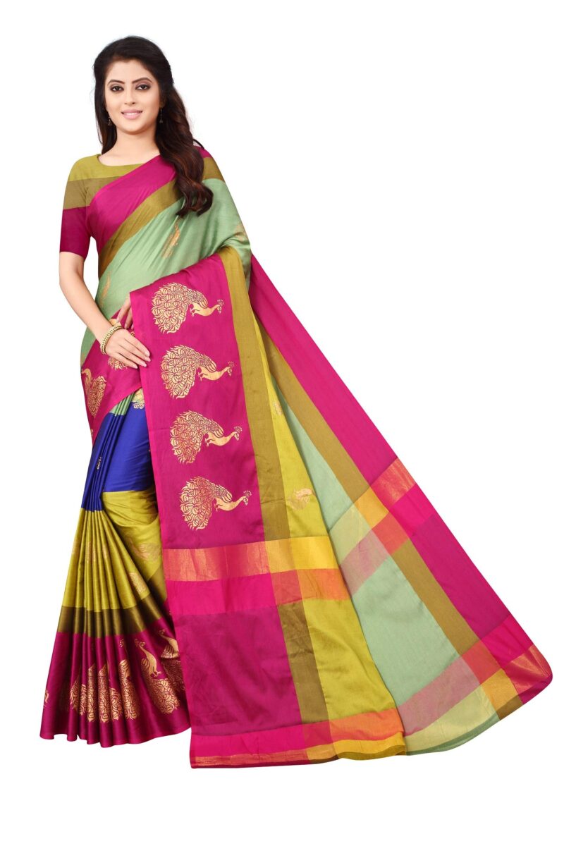 DHRUVI TRENDZ Women Silk Cotton Saree(DT-S166_Pista Green & Pink_Free Size)