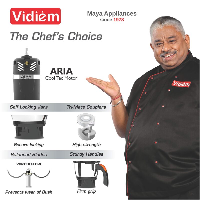 Vidiem Mixer Grinder 521 A (Grey with Orange) | Mixer grinder 750 watt with 3 Leakproof Jars with self-lock for wet & dry spices, chutneys & curries | 5 Years Warranty - Image 3