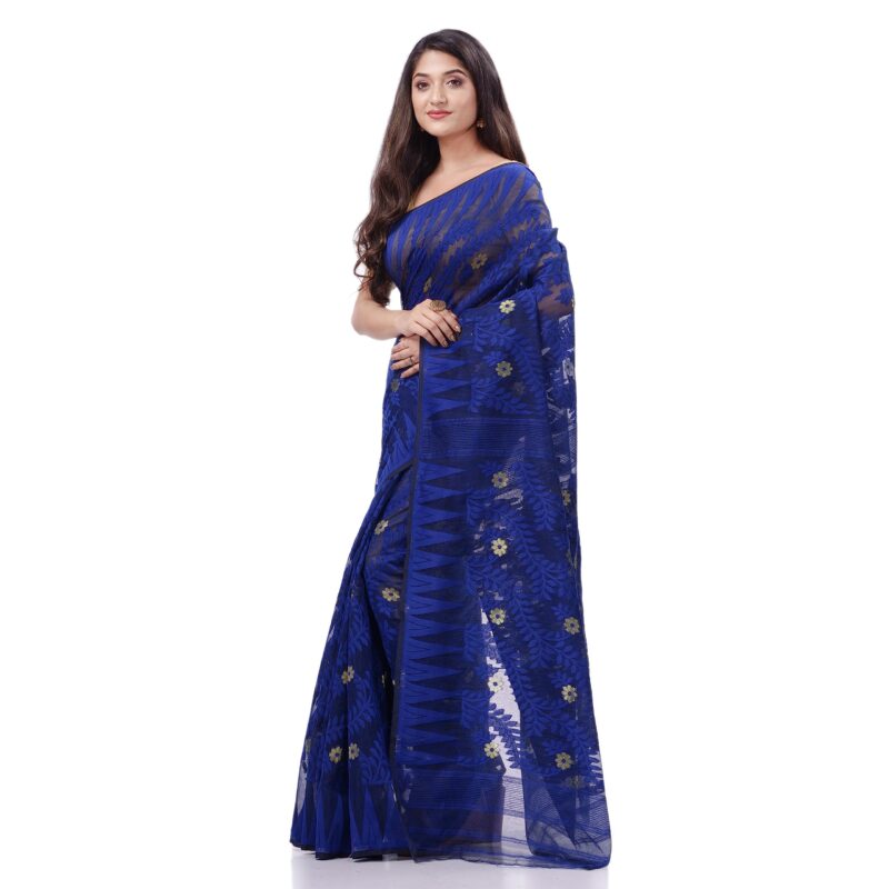 dB DESH BIDESH Women`s Tamarind Leaf Resham Dhakai Jamdani Pure Cotton Handloom Saree without Blouse Piece (Deep Blue) - Image 4