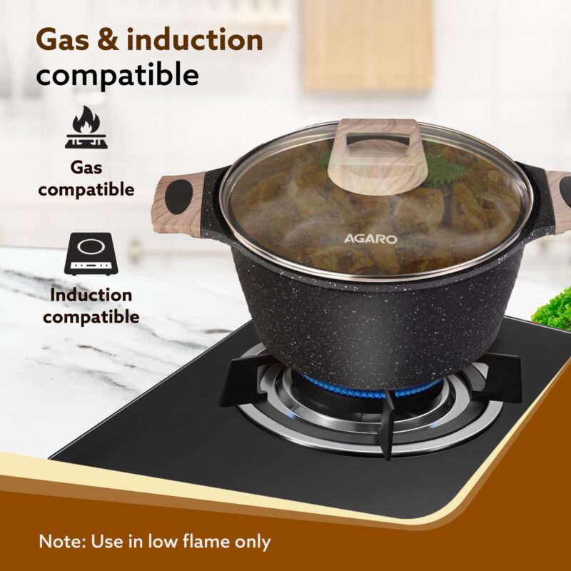AGARO Imperial Granite Non Stick Cookware Set, 4pcs Cookware Set, 24cm Fry Pan & Casserole with Lid, 16cm Sauce pan with Lid, 28cm Deep Fry Pan with Lid, Cast Aluminium, Gas & Induction Compatible. - Image 4