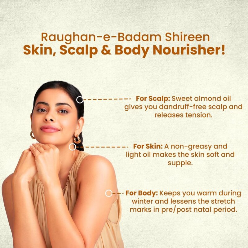 Hamdard RAUGHAN-E-BADAM SHIREEN Sweet Cold Pressed 100% Pure and Natural Almond Oil -(100 ML)-Pack of 3 - Image 2