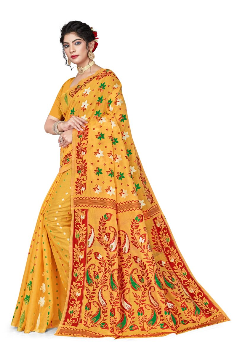 BROYAAR SHOP Women Soft Resham Dhakai Jamdani Relaxed Fit Blend Silk Saree Whole Body Design Without Regular Fit Blouse Piece(Gold) - Image 5