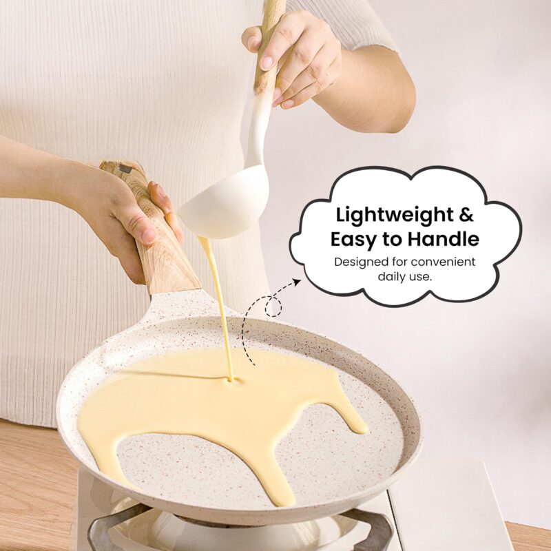 HomeEssentials Maifan Nonstick Tawa – Healthy Nonstick Pan with Wooden Handle/Easy to Clean Cooking Pan for Dosa, Chapati, Pancakes & Omelets/Induction & Gas Stove (White) - Image 4