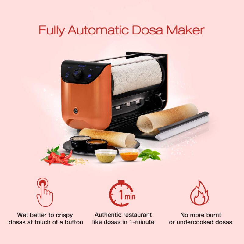 EVOCHEF EC Flip Automatic Dosa Maker, 1-Minute Dosas, 360° Food Grade Coated Roller, Easy Cooking Time & Thickness Control, Touch Controls, Compact & Portable, 1600W, 1 Year Warranty, Metallic Orange - Image 4
