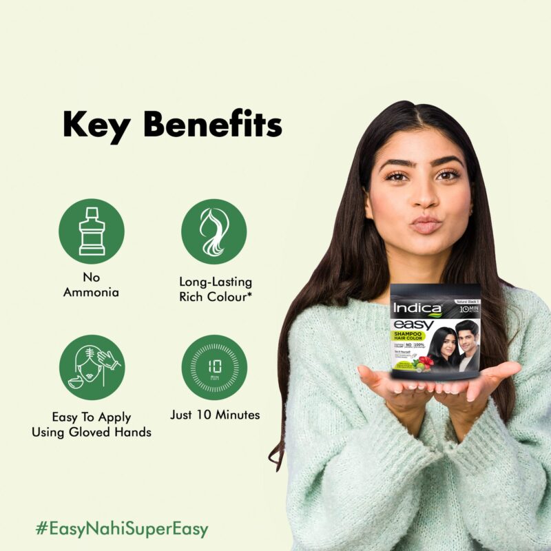 Indica Easy Do-It-Yourself 10 Minutes Hair Color Shampoo with 5 Herbal Extracts and 100% Ammonia Free, Long Lasting Formula, (12.5g + 12.5ml) - Natural Black Colour (Gloves Included) - Image 3