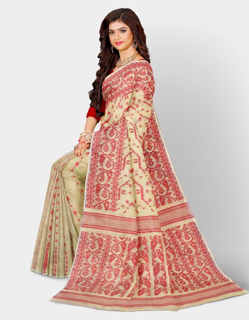 Mayabi Women's Off White & Red Dhakai Jamdani Cotton Silk Saree Traditional Bengali Tant Korat Work, Without Blouse Piece, Starched Texture - Image 3