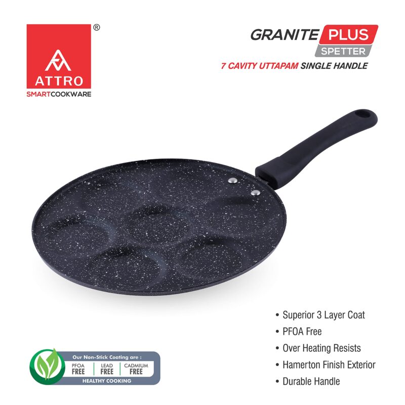 Attro Non Stick Heavy Duty 7 Cavity Single Handle Uttapam Tawa, Spatter Finish, Black - Image 5