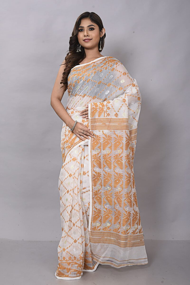 OISHANI SAREE GHOR Women's Traditional Bengal Cotton Silk Soft Jamdani Sarees (White Brown) - Image 2