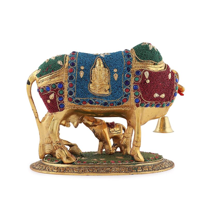 LABHCART Handcrafted Brass Golden Kamdhenu Cow with Calf, Vastu Gau MATA Idol, Spiritual Vastu Nandi Pooja Figurine Sculpture, Kamdhenu Cow & Calf Idol for Home and Office - Image 3