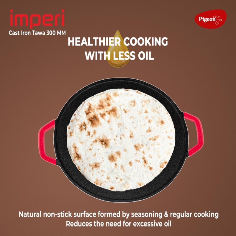 Pigeon by Stovekraft Pre-Seasoned Cast Iron Tawa 30 cm | Pre-Seasoned with 100% Vegetable Oil | Naturally Nonstick | High Pressure Casting | Toxin-Free |Nostalgic Taste | Double Side Handles - Image 5