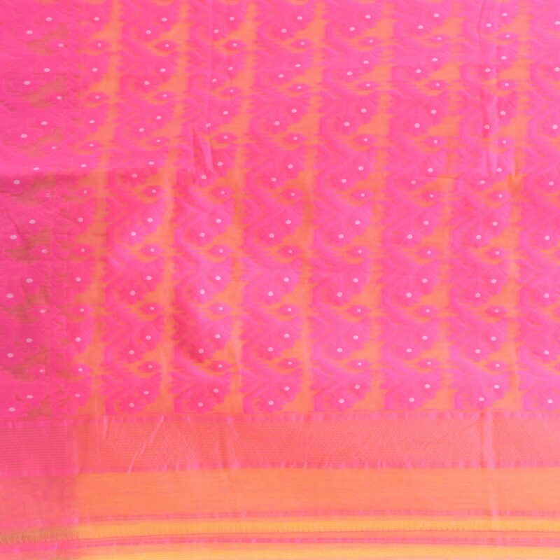 dB DESH BIDESH Women`s Resham Dhakai Jamdani Cotton Handloom Saree Hajar Buti Design Jamdani Saree (Yellow Pink) - Image 2
