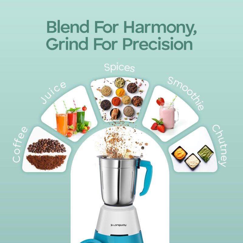 Longway Super-dlx 700 W Mixer Grinder (3 Jars, White & Green) Long Lasting Shock Proof ABS body | Heavy Duty Motor | Nano-grinding technology | 304 Grade Stainless Steel Blade | Noise levels 80-90 DB - Image 5