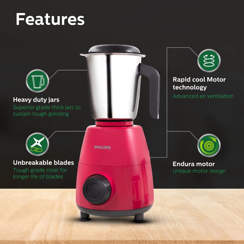 PHILIPS HL7505/02 Mixer Grinder, 500W Endura Motor with rapid cool motor technology, 3 heavy duty and leak proof Jars, Strawberry, Red - Image 6