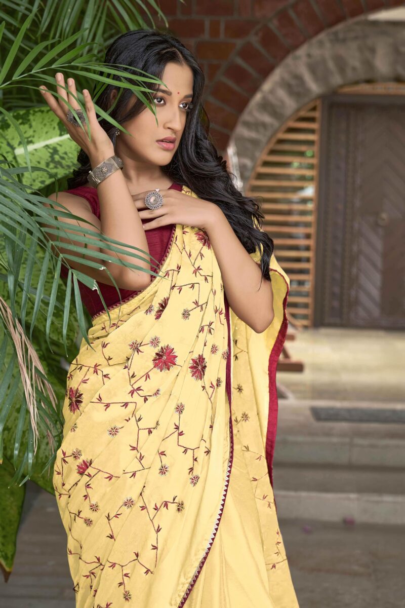 MANOHARI Yellow Poly Georgette Sequence And Embroidery Saree With Blouse Piece_Mn1923 - Women - Image 2