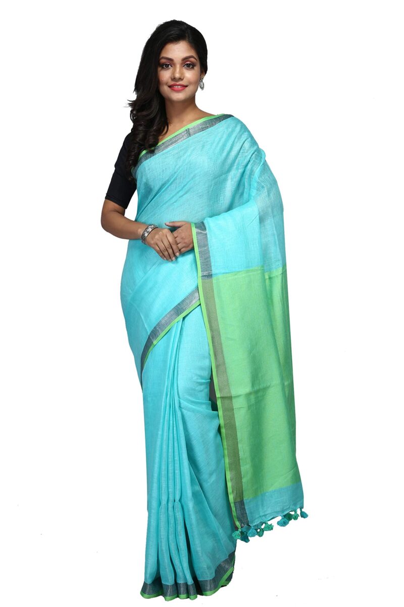NAKSH KHADI BOUTIQUE Women's KHADI Linen Pure Sari heart of Bengal_looms Handwoven 100 count made of Organic thread. Very soft & light weight SUMMER Special. (NKB_06) Maz Green_Free Size)