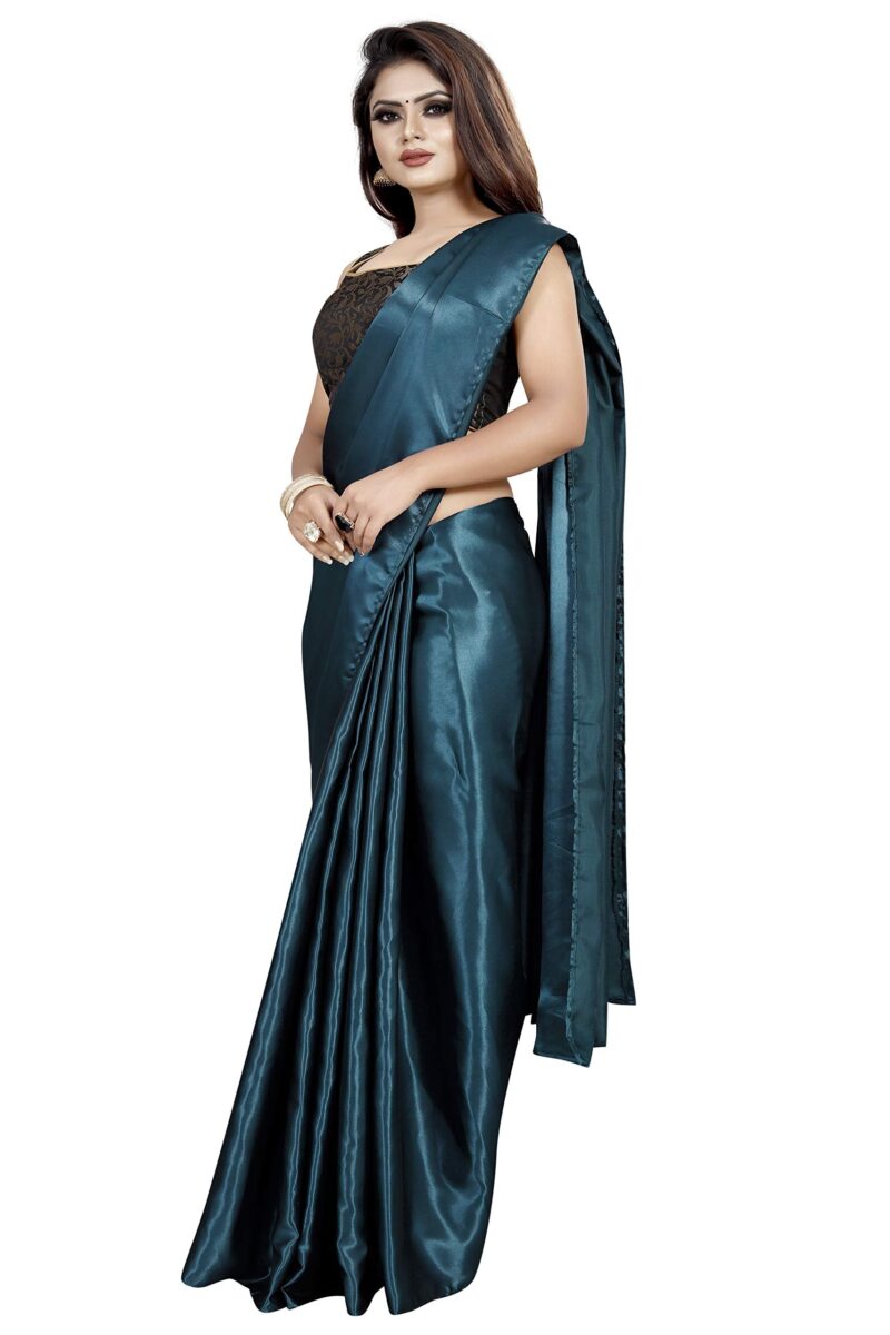 Market Magic World Women's Satin Saree With Blouse Piece (Jst-Silk_Peacock_Free Size_Dark Green) - Image 6