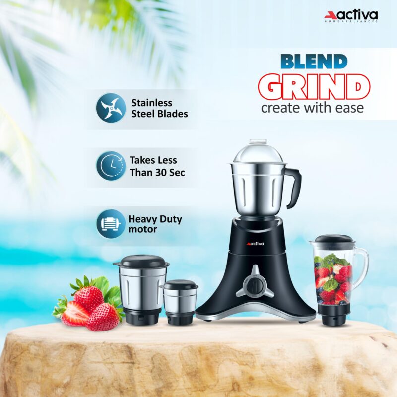 ACTIVA ABS Super Chef 900 Watts Powerful Motor Mixer Grinder With 4 Jars | 2 Years Motor, Black - Image 9