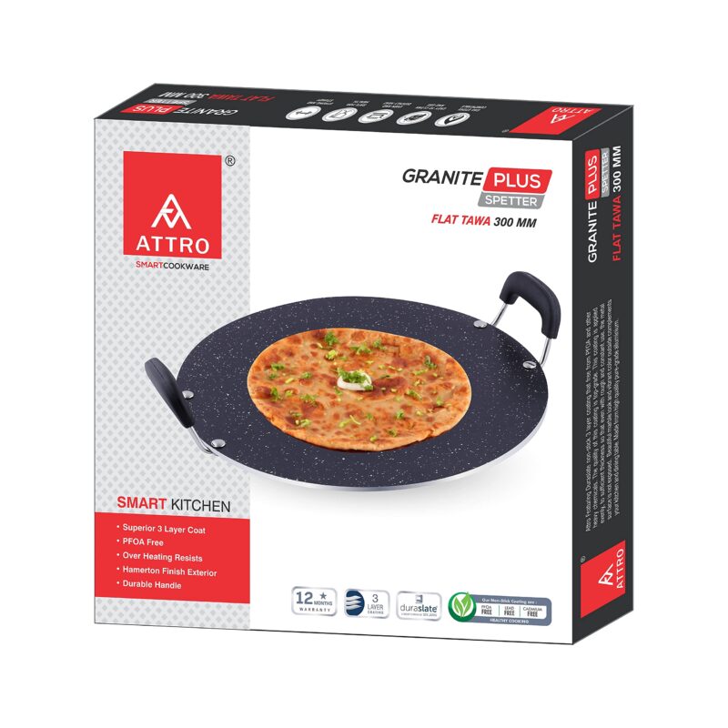 Attro Non Stick Aluminium Heavy Duty Double Handle Flat Spatter Finish Tawa, 300 mm, (Black) - Image 2