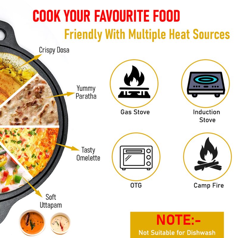 KNOBON Pre-Seasoned Cast Iron Flat Dosa/Roti/Chapati Tawa Pan With 2 Side Handle, Dosa Kallu, Iron Tawa Big Size Non-Toxic Cookware Utensi| Gas And Induction Compatible | 30 Cm (Black) - Image 6