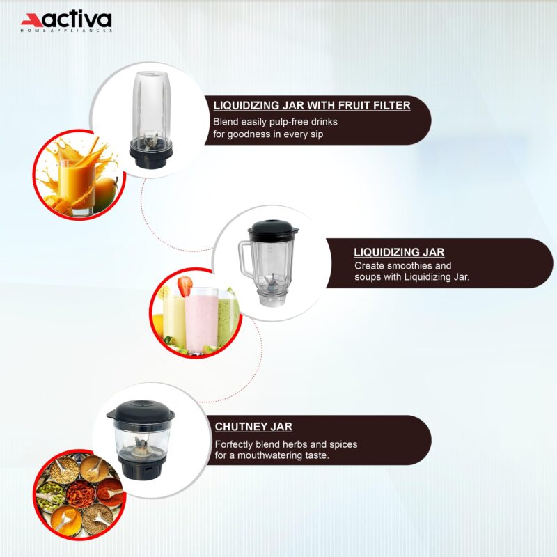 ACTIVA Easy Mix Nutri 4 Jar Mixer Grinder Powerful 500 Watt Motor | Long Lasting Shock Proof Abs Body | Heavy Duty Motor With Nano - Grinding Technology, Gray come with 2 year warranty - Image 2