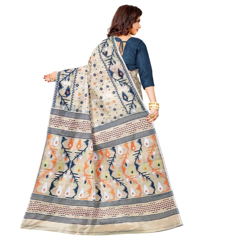 Mayabi Women's Dhakai Jamdani Cotton Silk Saree Traditional Bengali Tant Korat Work, Without Blouse Piece (Creamy White) - Image 5