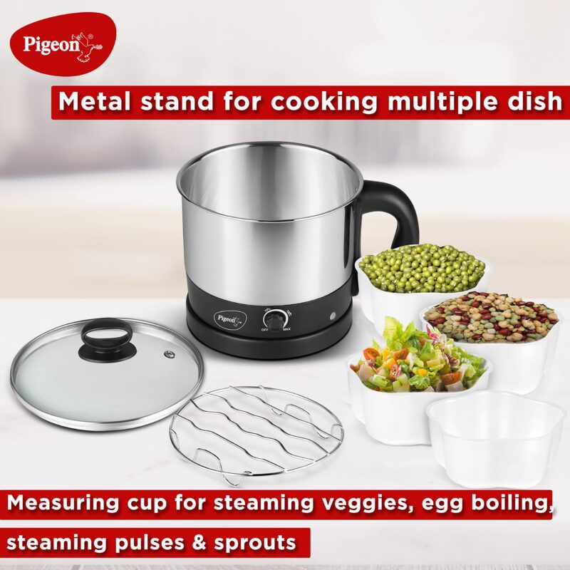 Pigeon Kessel Multipurpose Kettle (12173) 1.2 litres with Stainless Steel Body, used for boiling Water and milk, Tea, Coffee, Oats, Noodles, Soup etc. 600 Watt (Black & Silver) - Image 4