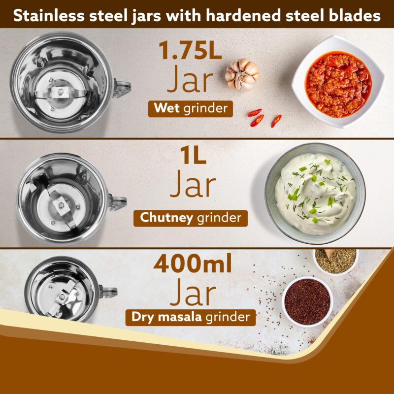 AGARO Royal Mixer Grinder 900W, Heavy Duty, 100% Pure Copper Motor, 3 Stainless Steel Jar, 3 Speed, Whip Function, Stainless Steel Blades,Wet & Dry Grinding, White - Image 3