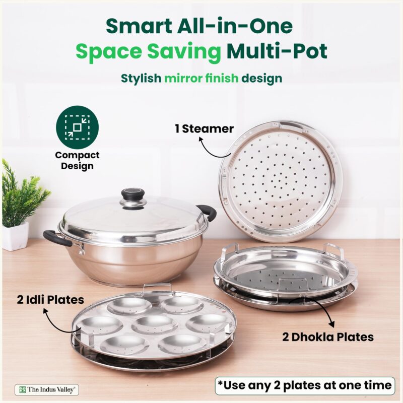 The Indus Valley Stainless Steel Idli Maker/Momo Maker/Multi Kadai/Steamer Set | Large, 5 Plates, 2 Idli | 2 Dhokla | 1 Steamer | 29cm/11.3 inch, 4.2Ltr, 2.5kg | 3-Layer Thick Bottom | Induction friendly - Image 2
