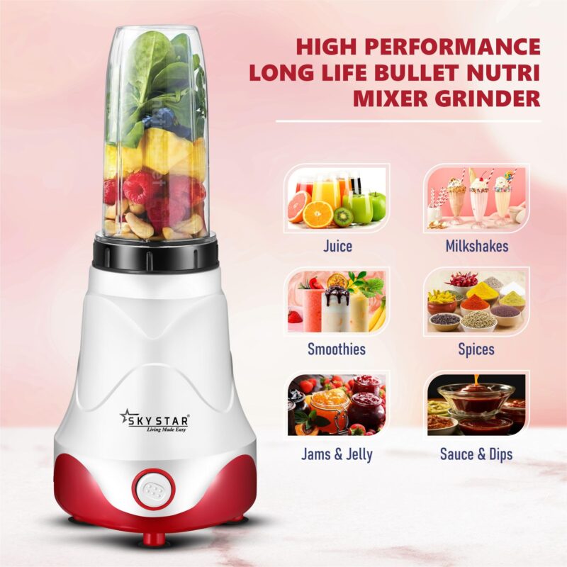 skystar Nutri-Blender Pro 100% Copper Motor With 2 Unbreakable Jars & 1 Blade Juicer Mixer Grinder (2 Jars, White, Red) & 18 Months Motor Warranty, 750 Watts - Image 3