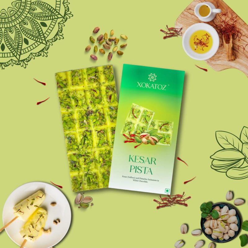 XOKATOZ Exotic Premium Chocolate - 1 Mixed Berries and 1 Kesar Pista Flavours - Flavoured White Chocolate Bars - Gift Set- Pack of 2, 150g (75g x 2) - Image 2