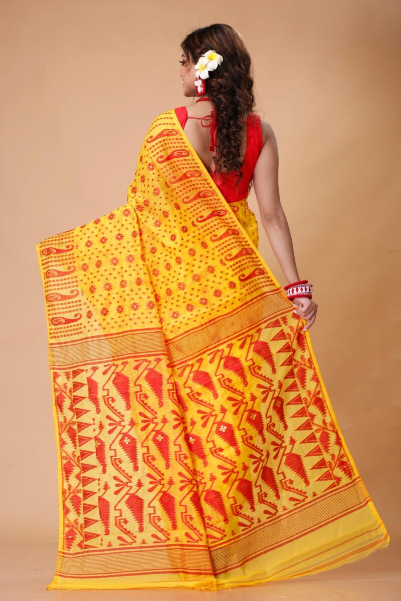 Tant Vastra Stylish Soft Cotton Silk Jamdani Saree For Women, Without Blouse Piece (Yellow) - Image 5