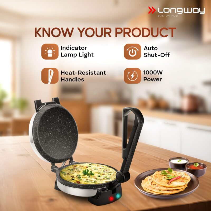 Longway Automatic Electric Roti Maker | Non-Stick Stainless Steel Press for Roti, Chapati & Parathas Multipurpose | 1 Year Warranty (1000 W, Silver) - Image 7