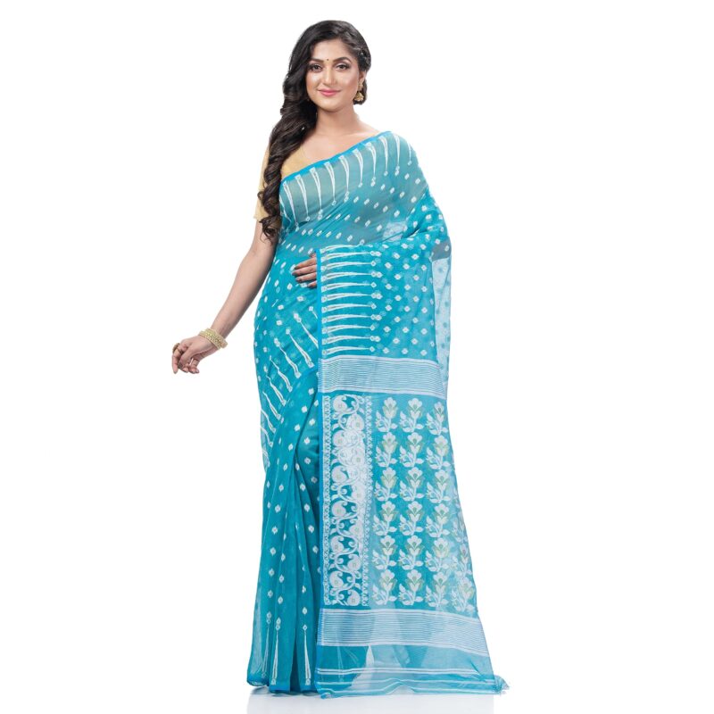 dB DESH BIDESH Women`s Resham Dhakai Jamdani Bengal Pure Cotton Handloom Saree Diamond Queen Design (Blue)