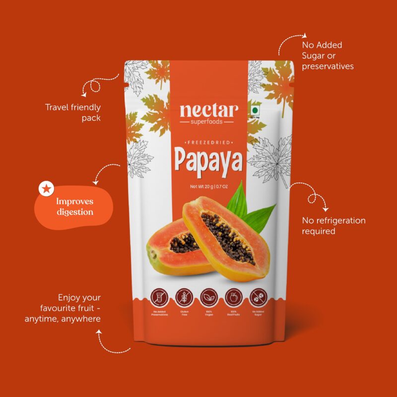 Nectar Superfoods Freeze Dried Papaya | No Preservatives, No Added Sugar, Healthy Dried Fruit | 100% Natural, Vegan, Gluten Free Snack for Kids and Adults | 20 gram Pouch - Image 4