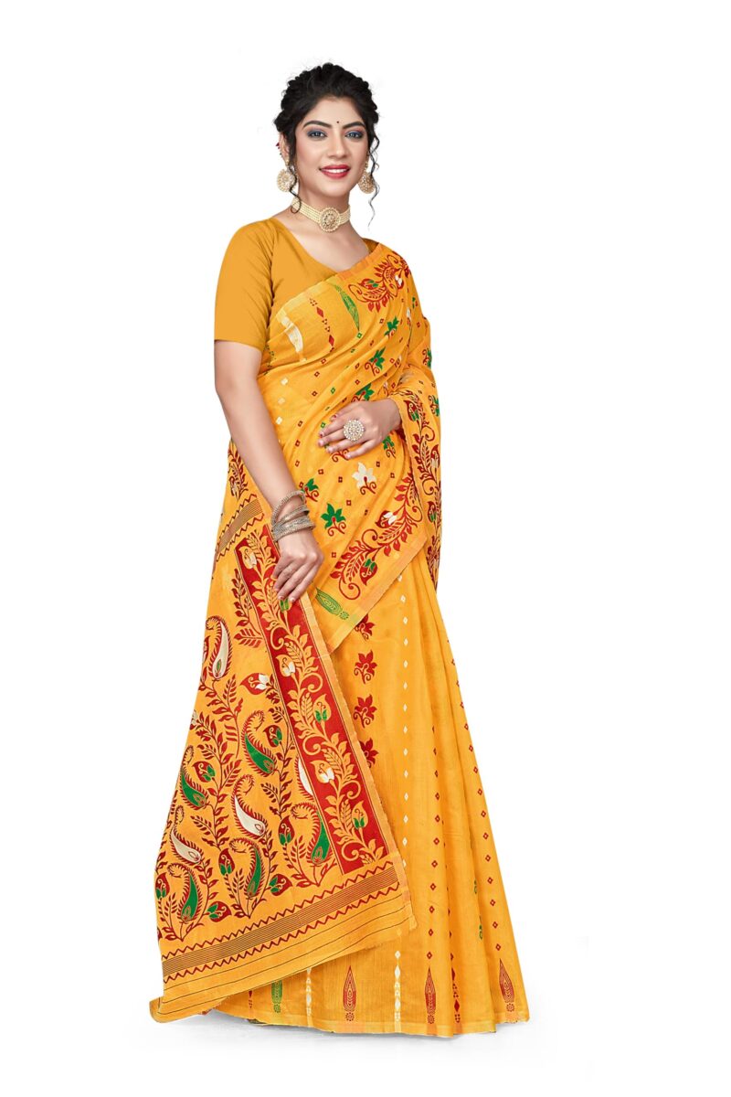 BROYAAR SHOP Women Soft Resham Dhakai Jamdani Relaxed Fit Blend Silk Saree Whole Body Design Without Regular Fit Blouse Piece(Gold) - Image 4