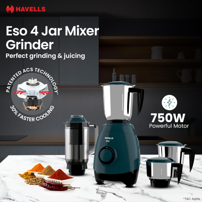Havells ESO 750W 4 JAR Mixer Grinder, 304 SS Blades, High Speed 21000 RPM motor, Heavy and Wider mouth SS Jars, All Jars with Handle, 2 Year Product & 5 Year Motor Warranty (Teal) - Image 7