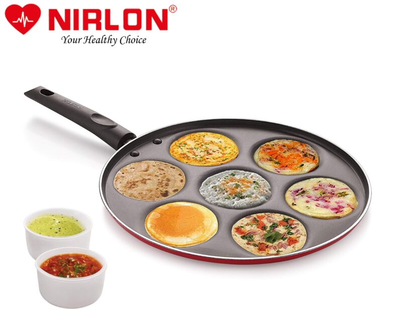 NIRLON Non Stick Aluminium 7 Cavity Appam/Uttapam/Pan Cake Maker Uttapam Tawawith Handle[New_26mm_Classic_UP7] - Image 3