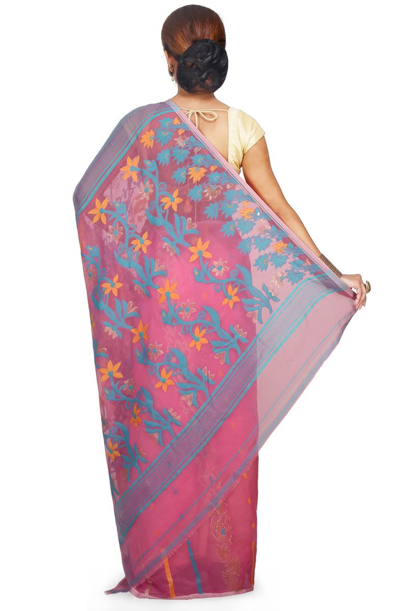 BENGAL HANDLOOM Exclusive Women's Soft Dhakai Patta Jamdani Cotton Silk, Pink Sarees - Image 3