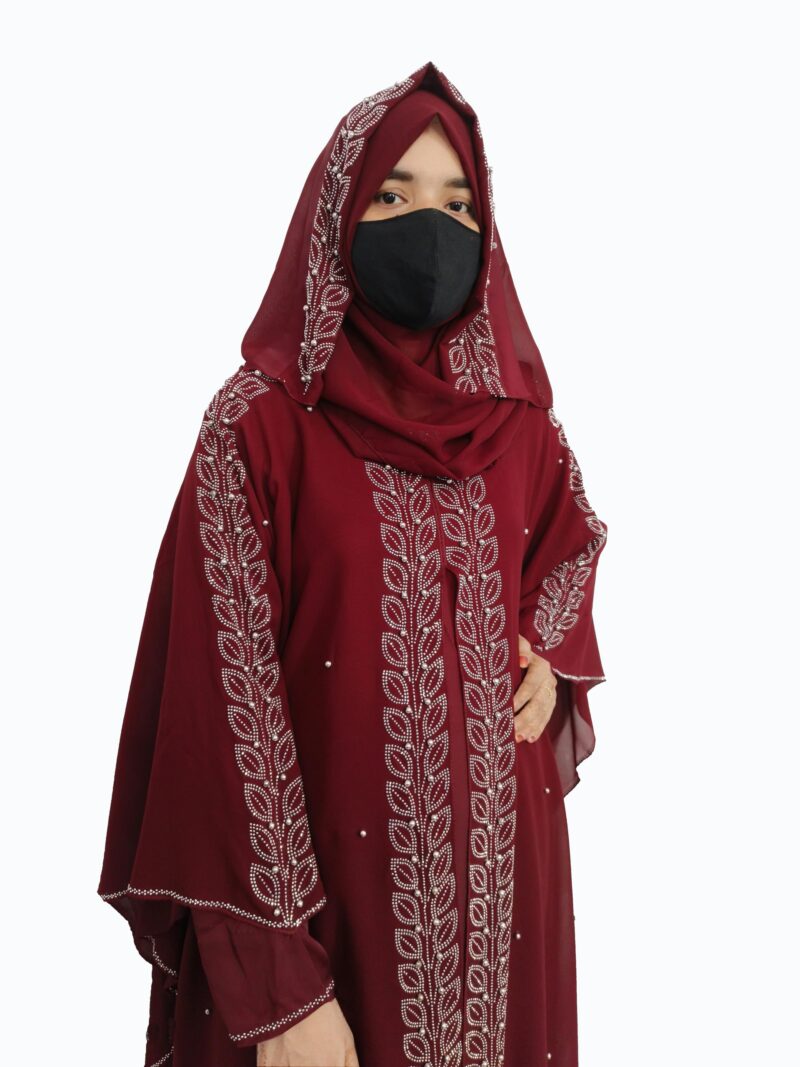 BURAQUE DESIGNER Nida fabric Free Size Muslim Burqa/Abaya & Burkha Dress for Muslim women and Girl's (F01-Maroon Leaf-Burkha) - Image 4