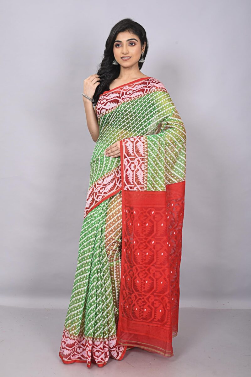 OISHANI SAREE GHOR Women's Traditional Bengal Cotton Resham Jamdani Sarees (Green Red) - Image 6