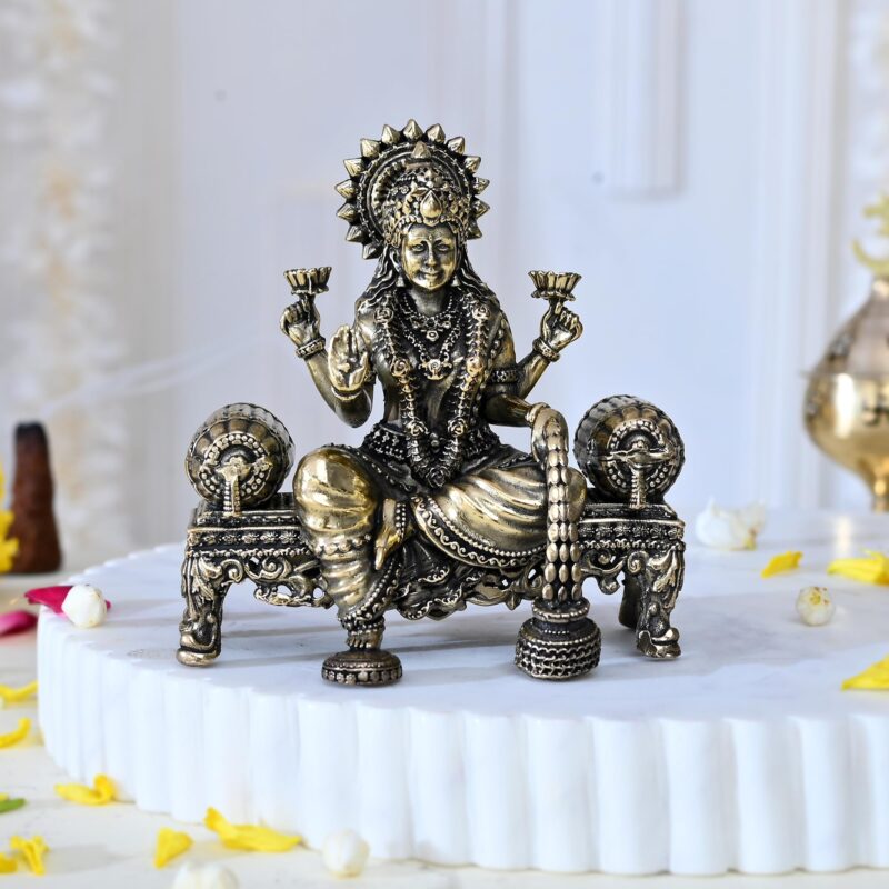 CraftVatika Brass Maa Lakshmi Devi Idol Statue Sitting on Throne - Laxmi Ji Ki Murti for Pooja Temple Room Diwali Gift & Home Décor Items (4 Inch Height)