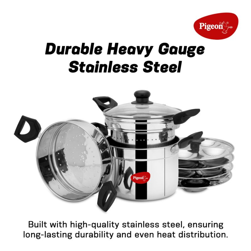 Pigeon by Stovekraft All in one Multipurpose Cookpot with Glass Lid Included Steamer and Strainer for easy cooking, heat resistant handles, Heavy gauge stainless steel idly plates inside with 4 cavity (4 idly plates, 16 idlies) - Image 6