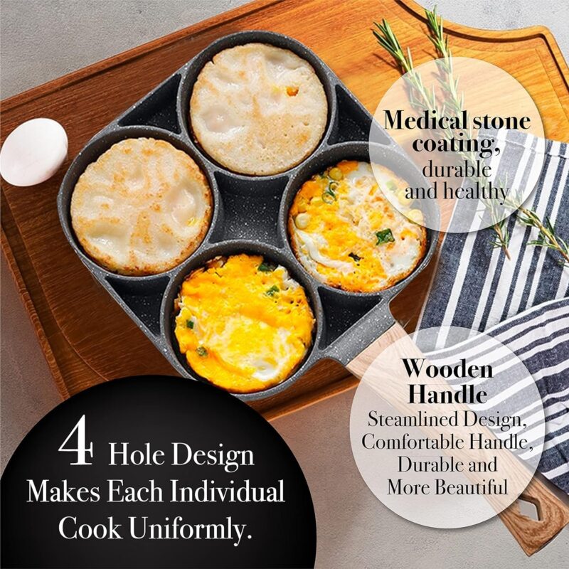 Cannagenix 4 Cups Egg Pan Omelette Pan Frying Pan Egg Frying Pan 4 Cup Crepe Pan Granite Egg Cooker Breakfast Pancakes Pan Suitable for Gas Stove & Induction Cookware (Wood Grain Handle) - Image 8