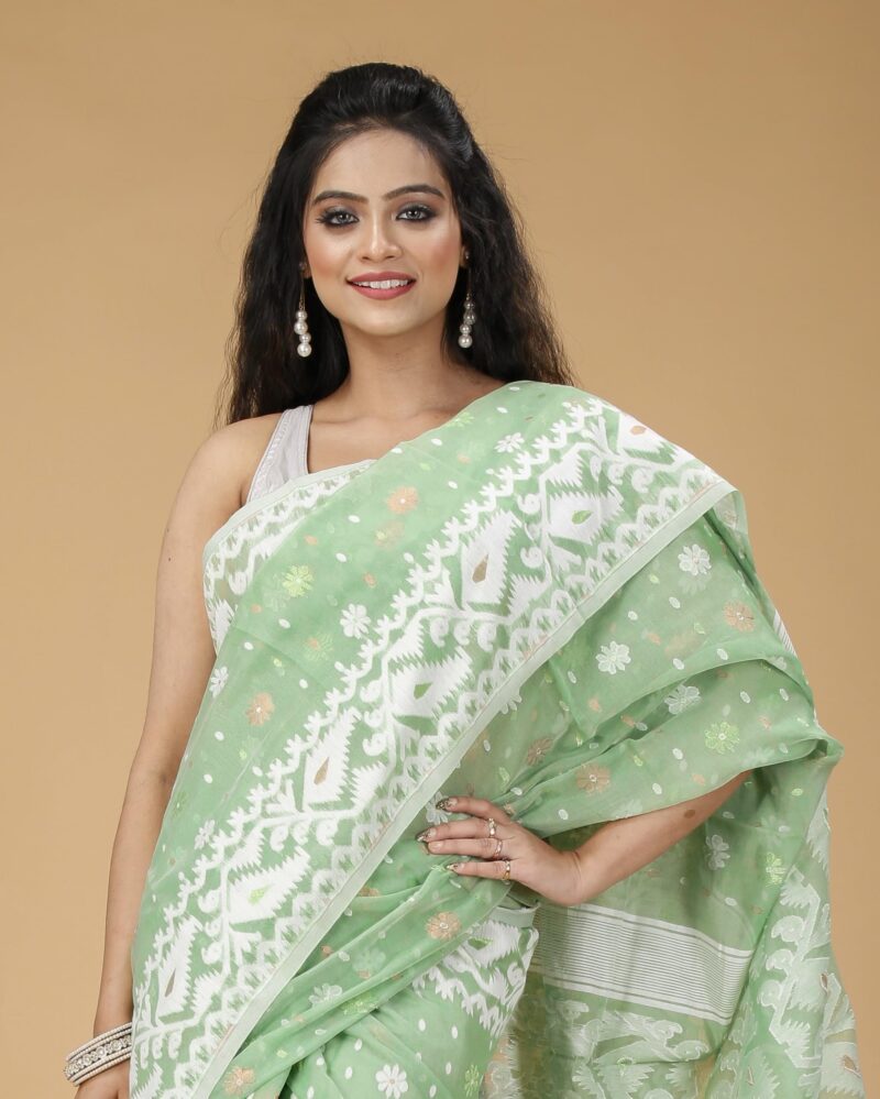 OISHANI SAREE GHOR Women's Traditional Bengal Cotton Silk Soft Jamdani Saree - Beautiful design and Quality - Without Blouse Piece (Mint Green) - Image 3