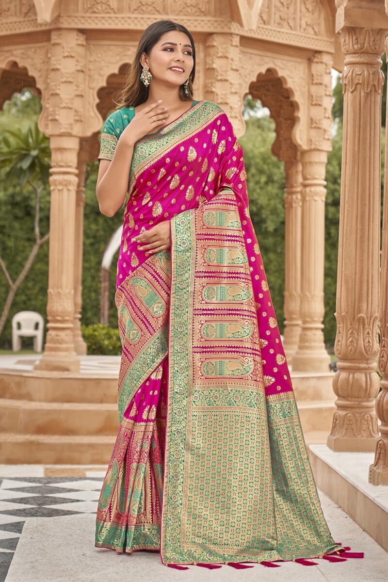 Monjolika Fashion Women's Rani Pink color Banarasi Silk blend Zari Weaving work Saree With Blouse (MNJ-8201_ Rani Pink) - Image 8