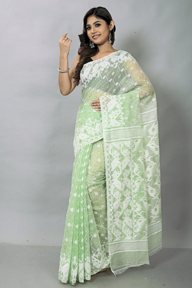 OISHANI SAREE GHOR Women's Traditional Bengal Cotton Silk Soft Jamdani Sarees (Off Green) - Image 5