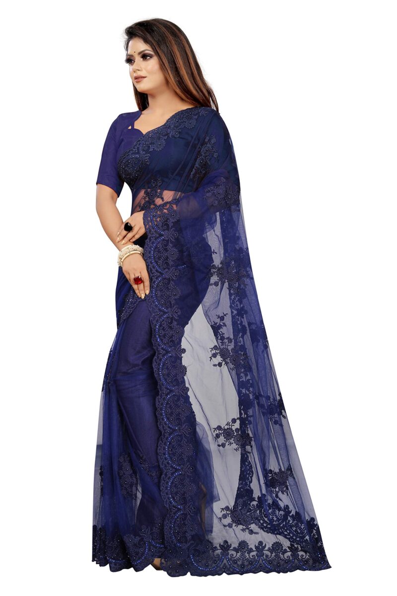 Vastraani Women's Cut Wok Embroidered Woven Net Saree with Blouse Piece (Blue, Free Size) - Image 4