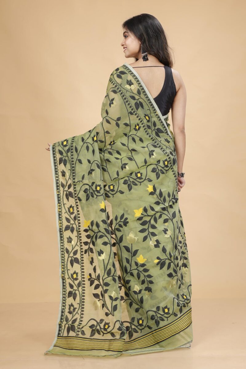 Tant Vastra Women’s Soft Resham Dhakai Lata Jamdani Saree without Starch And Without Blouse Piece (Light Pista) - Image 3