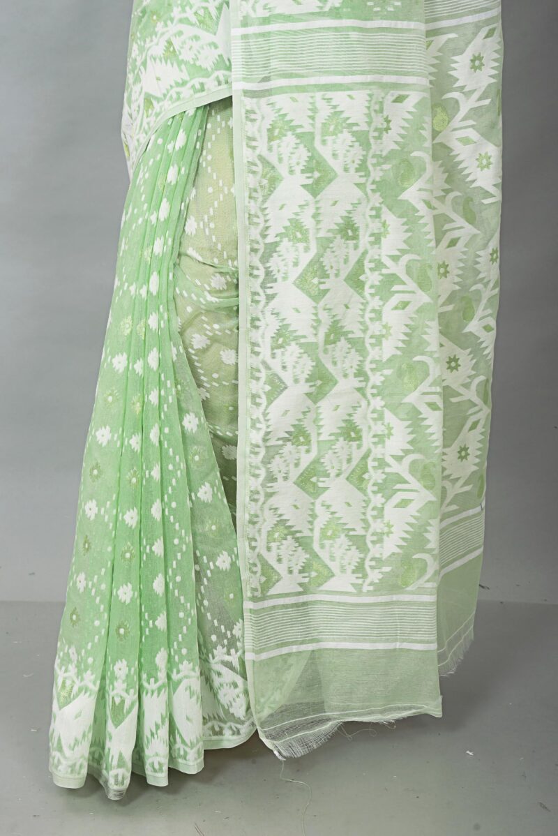 OISHANI SAREE GHOR Women's Traditional Bengal Cotton Silk Soft Jamdani Sarees (Off Green) - Image 3